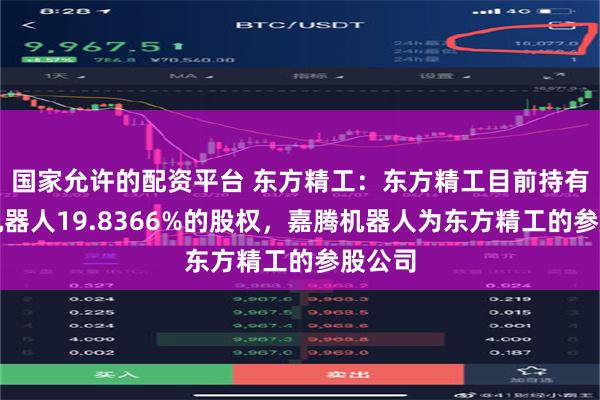 国家允许的配资平台 东方精工：东方精工目前持有嘉腾机器人19.8366%的股权，嘉腾机器人为东方精工的参股公司